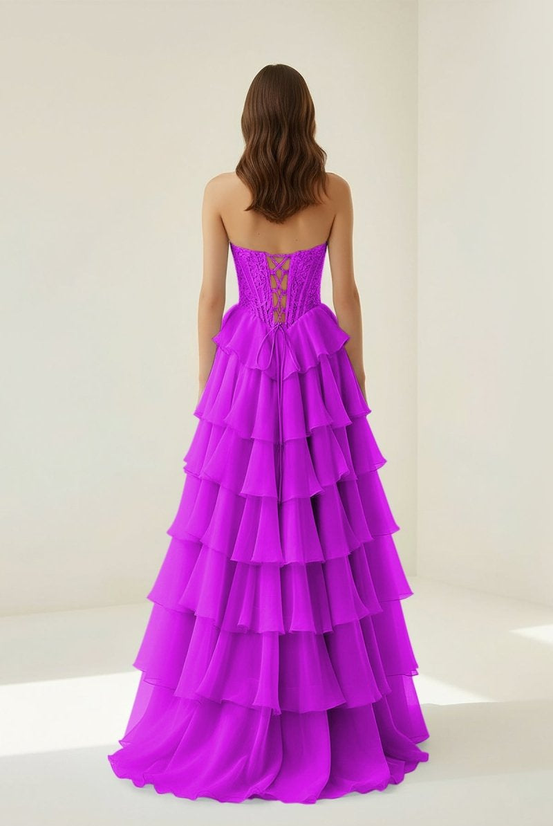 Roig | Magenta - Strapless A Line Chiffon Ruffled Prom Dresses With Appliques - KissProm