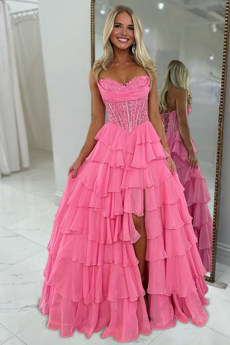 Roig | Hot Pink - Strapless A Line Chiffon Ruffled Prom Dresses With Appliques - KissProm