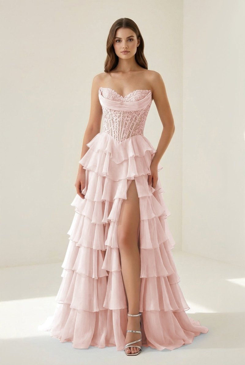 Roig | Pink - Strapless A Line Chiffon Ruffled Prom Dresses With Appliques - KissProm