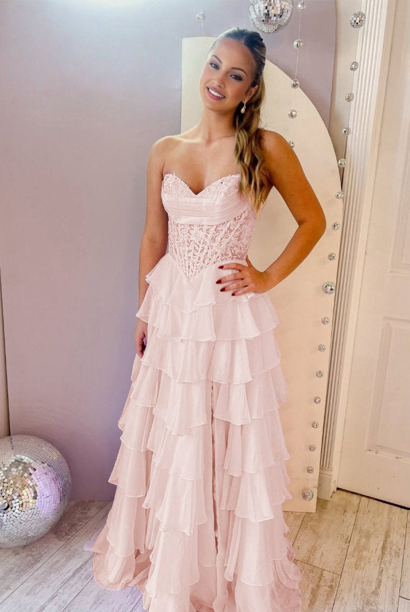 Roig | Pink - Strapless A Line Chiffon Ruffled Prom Dresses With Appliques - KissProm