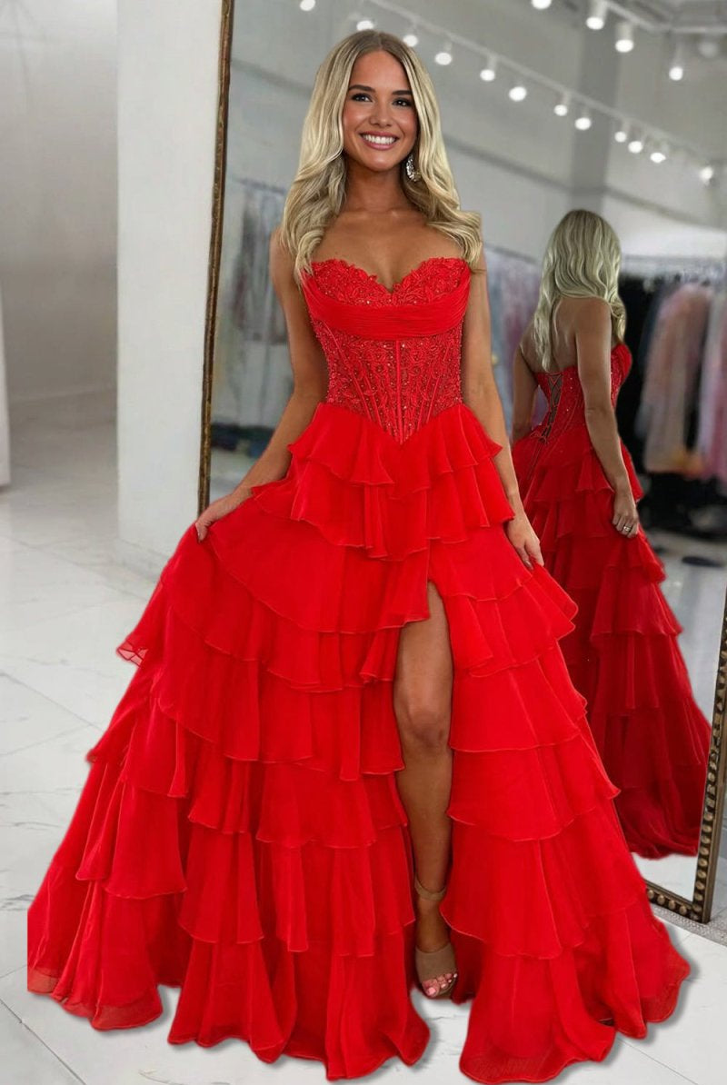 Roig | Red - Strapless A Line Chiffon Ruffled Prom Dresses With Appliques - KissProm
