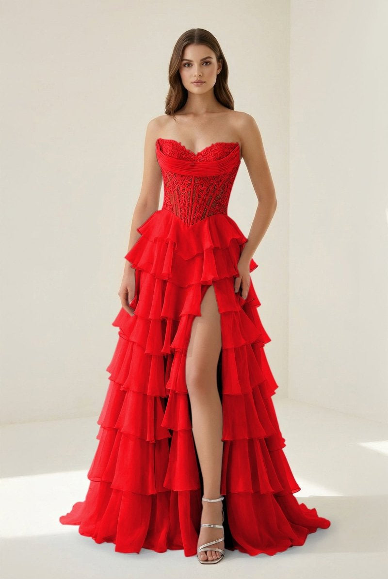 Roig | Red - Strapless A Line Chiffon Ruffled Prom Dresses With Appliques - KissProm