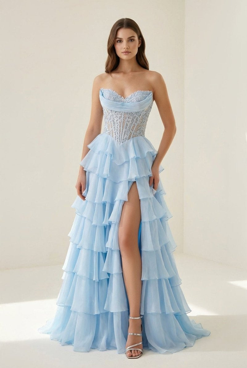 Roig | Sky Blue - Strapless A Line Chiffon Ruffled Prom Dresses With Appliques - KissProm