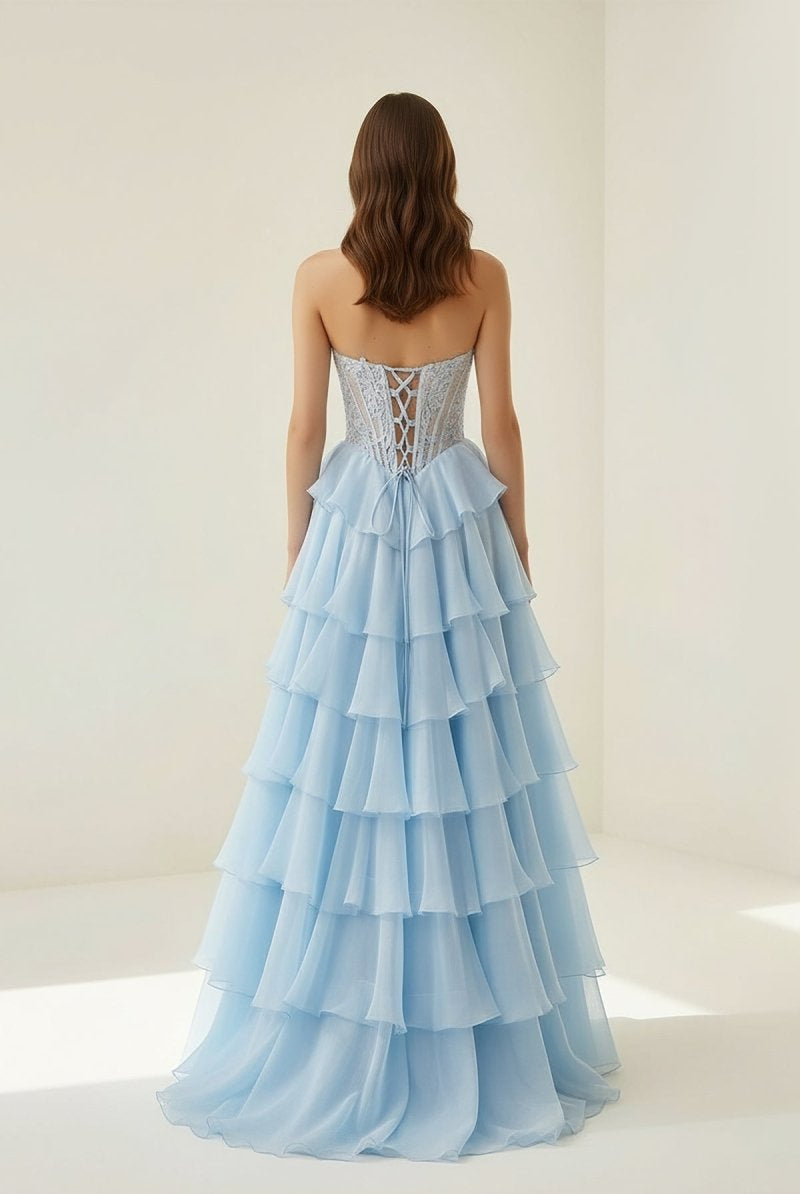 Roig | Sky Blue - Strapless A Line Chiffon Ruffled Prom Dresses With Appliques - KissProm