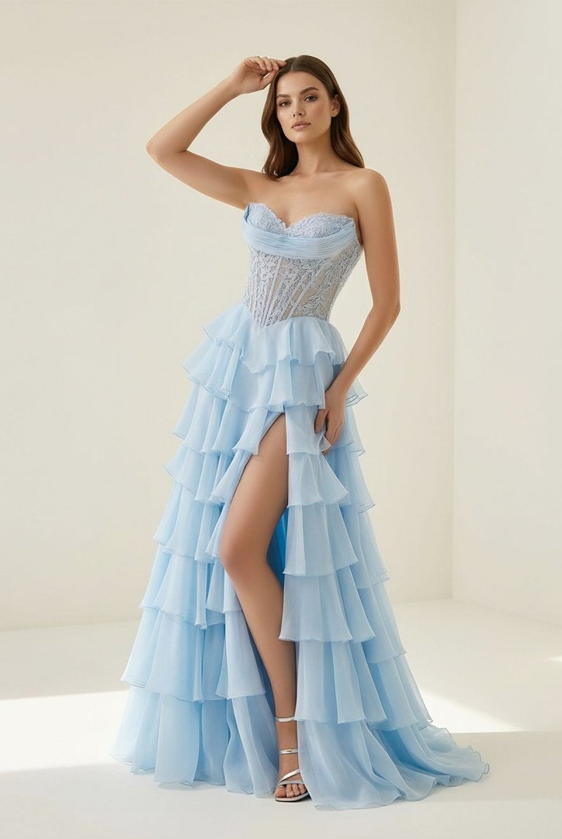 Roig | Sky Blue - Strapless A Line Chiffon Ruffled Prom Dresses With Appliques - KissProm