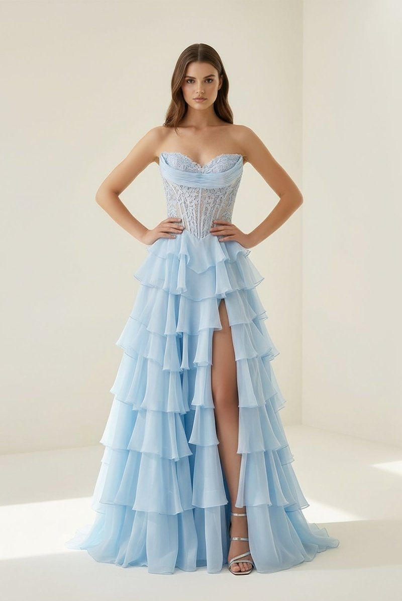 Roig | Sky Blue - Strapless A Line Chiffon Ruffled Prom Dresses With Appliques - KissProm