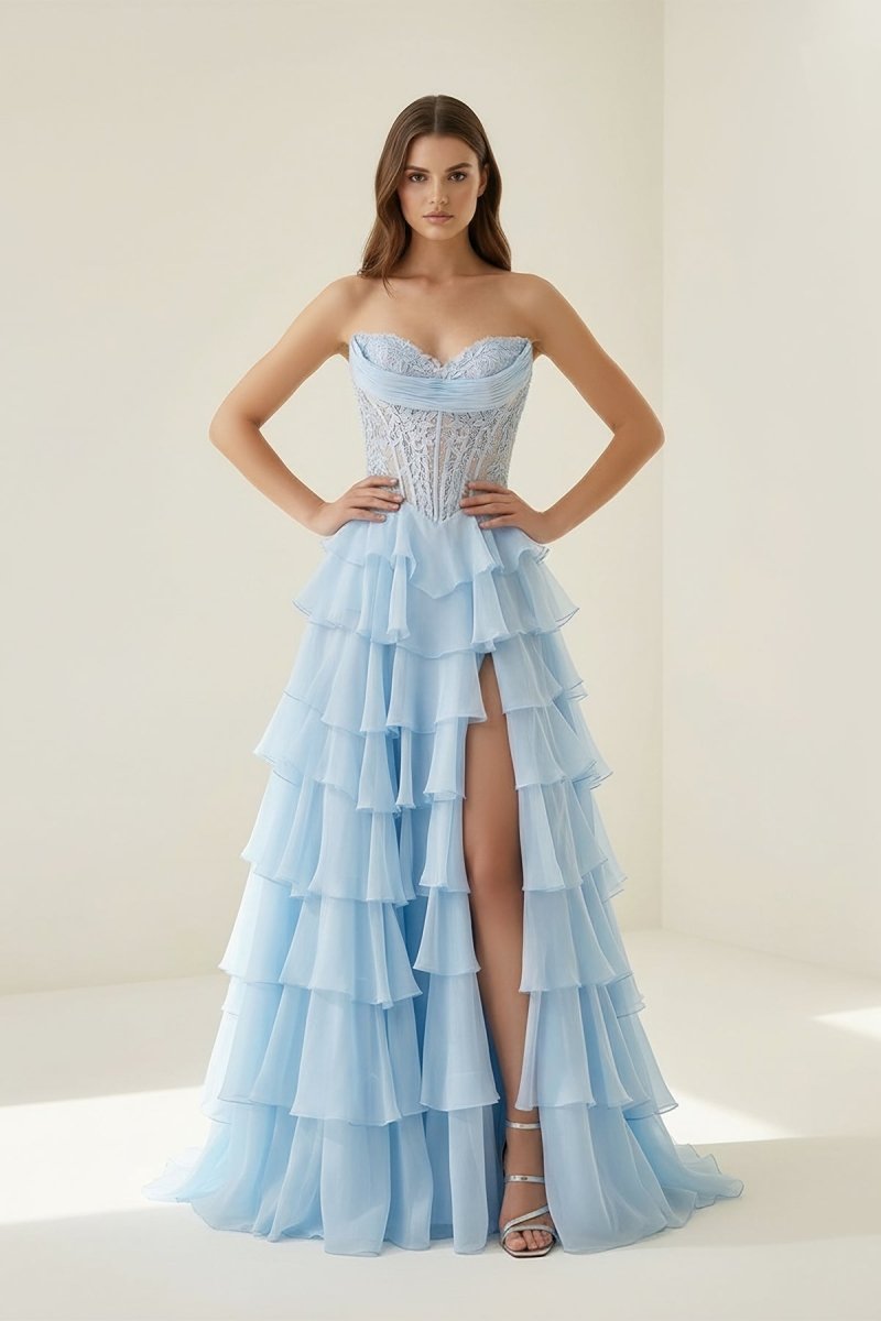 Roig | Sky Blue - Strapless A Line Chiffon Ruffled Prom Dresses With Appliques - KissProm