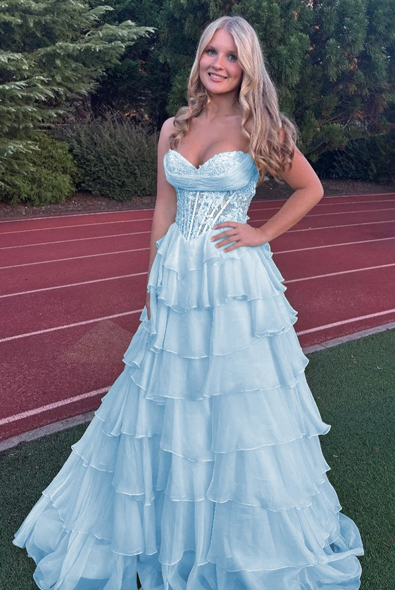 Roig | Sky Blue - Strapless A Line Chiffon Ruffled Prom Dresses With Appliques - KissProm
