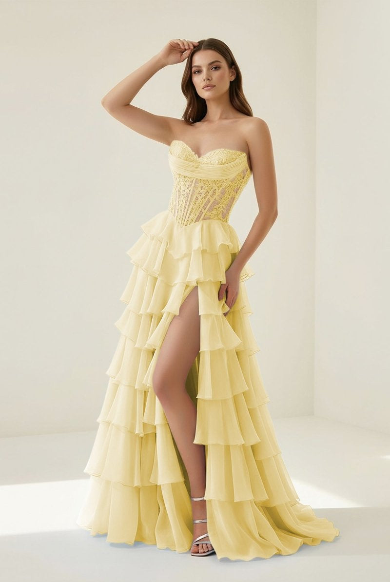 Roig | Yellow - Strapless A Line Chiffon Ruffled Prom Dresses With Appliques - KissProm