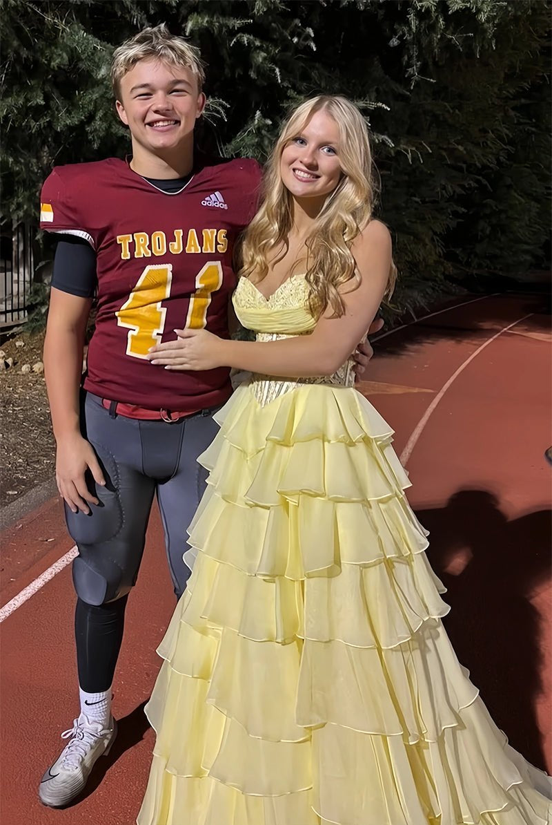 KissProm-Roig Yellow Strapless A Line Chiffon Ruffled Prom Dresses With Appliques