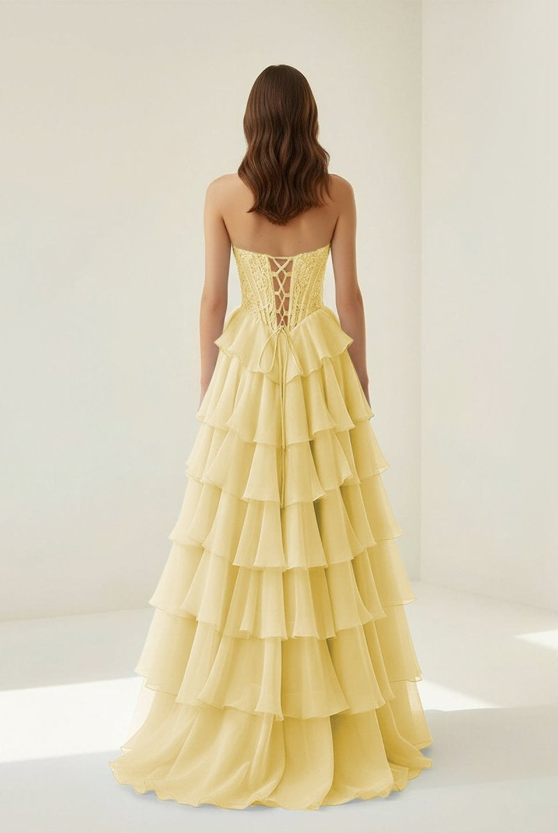 Roig | Yellow - Strapless A Line Chiffon Ruffled Prom Dresses With Appliques - KissProm