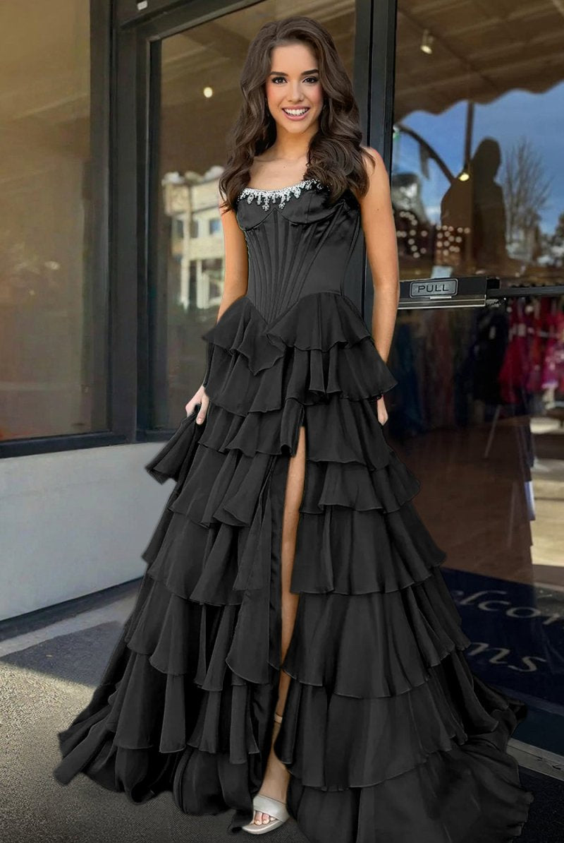 Roise | Black - Scoop Neck A Line Chiffon Ruffled Prom Dresses With Beading -KissProm