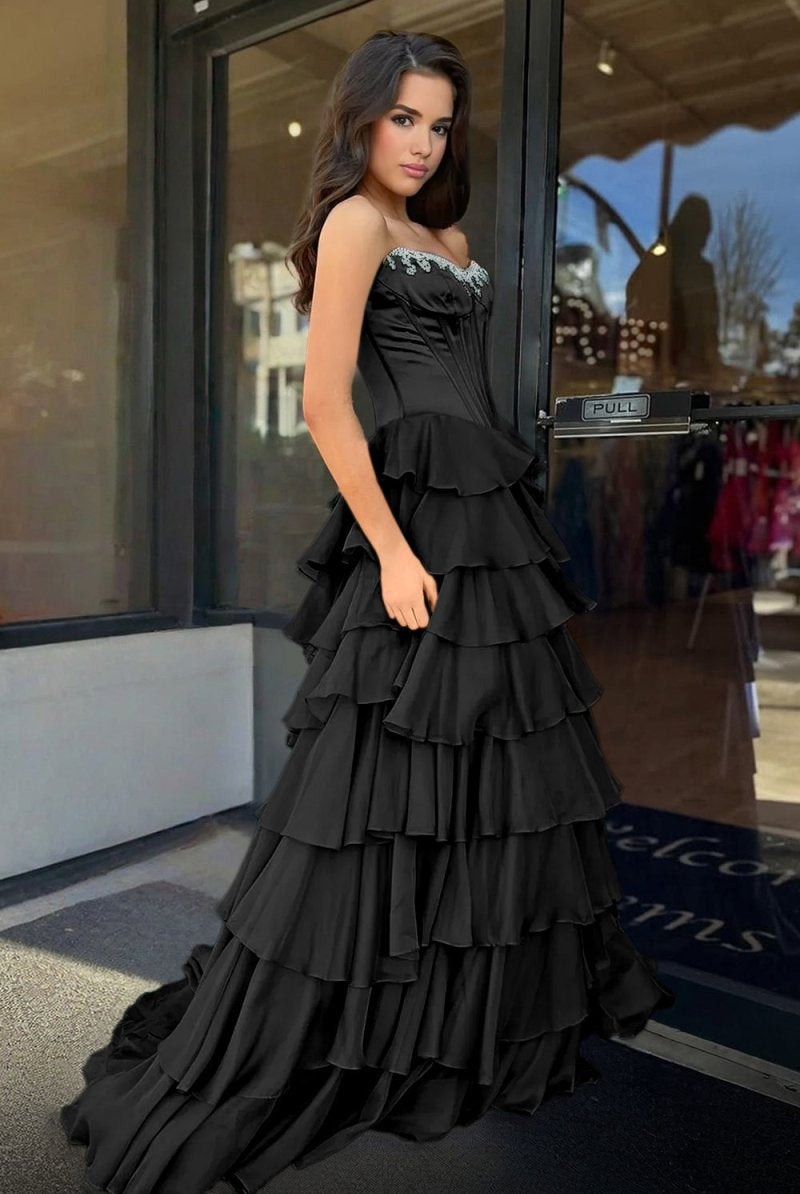 Roise | Black - Scoop Neck A Line Chiffon Ruffled Prom Dresses With Beading -KissProm