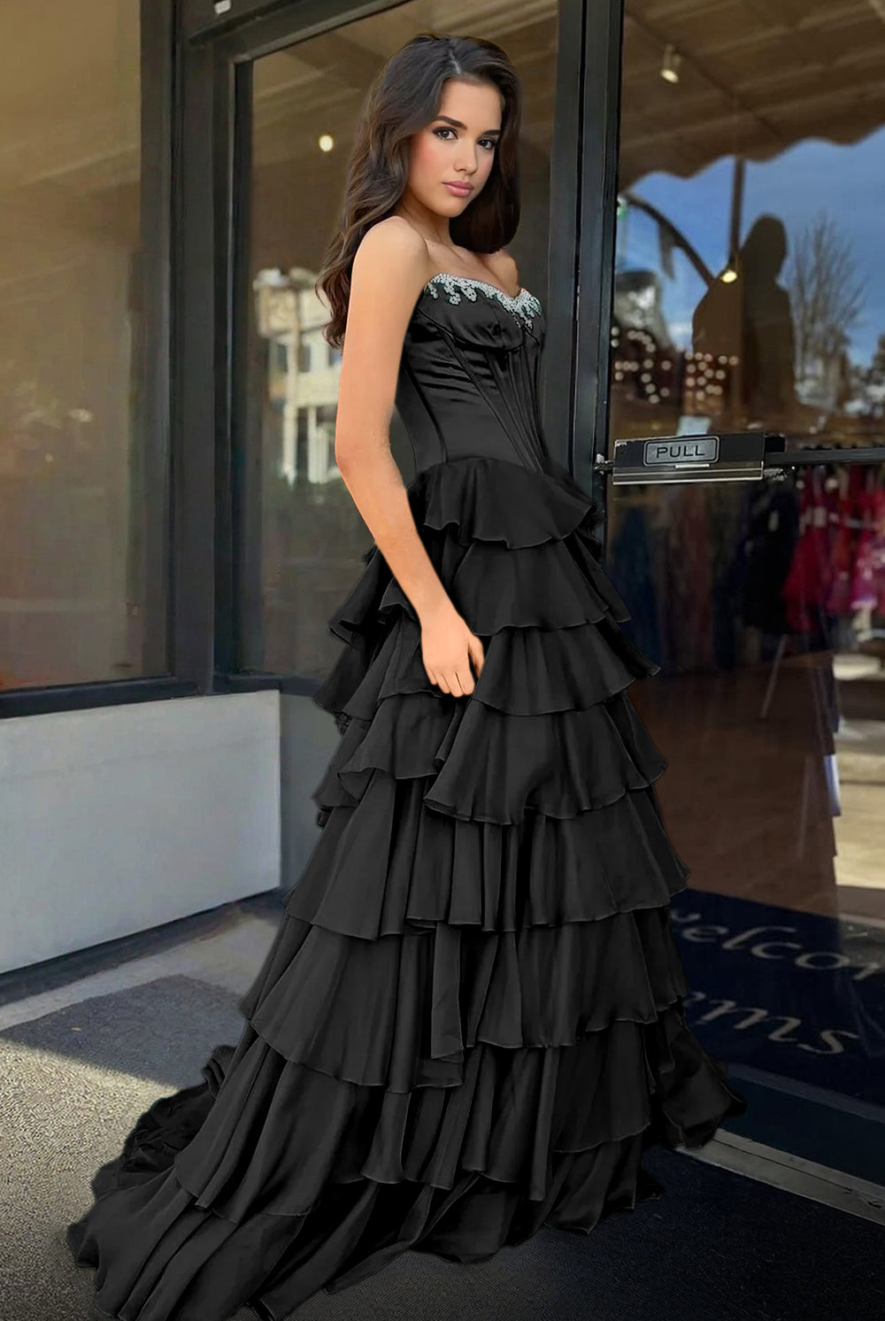 Roise | Black - Scoop Neck A Line Chiffon Ruffled Prom Dresses With Beading - KissProm