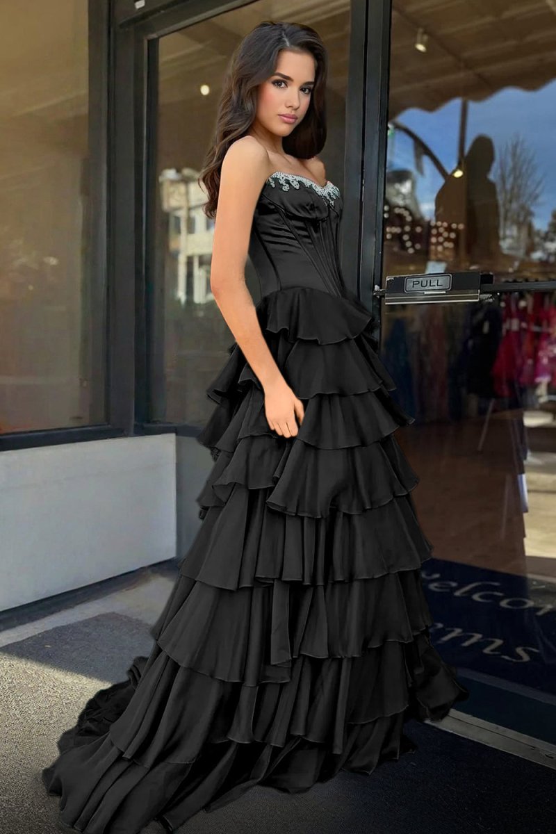 Roise | Black - Scoop Neck A Line Chiffon Ruffled Prom Dresses With Beading -KissProm