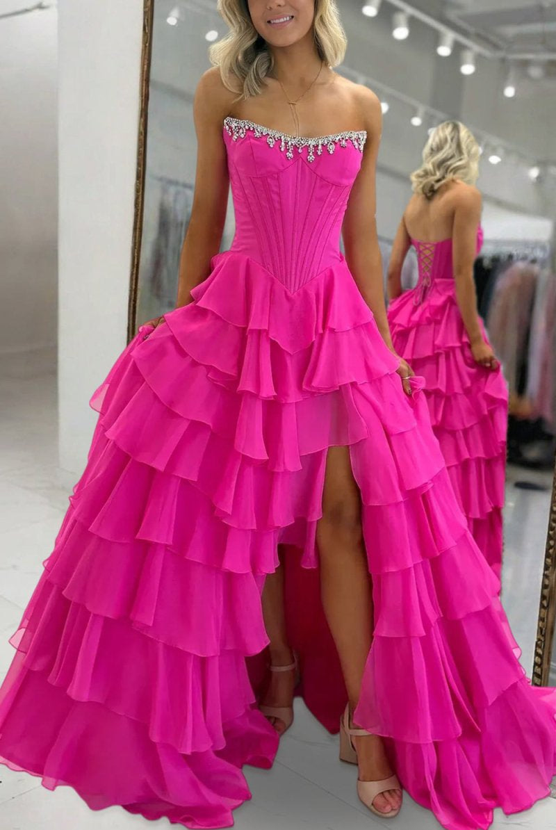 Roise | Fuchsia - Scoop Neck A Line Chiffon Ruffled Prom Dresses With Beading -KissProm