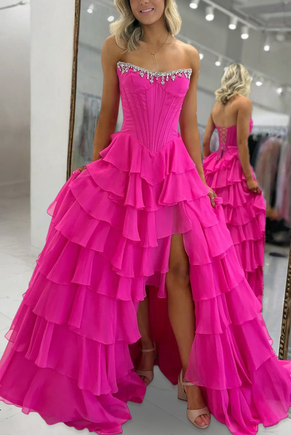 Roise | Fuchsia - Scoop Neck A Line Chiffon Ruffled Prom Dresses With Beading -KissProm