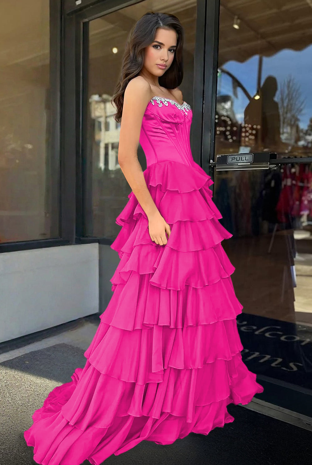 Roise | Fuchsia - Scoop Neck A Line Chiffon Ruffled Prom Dresses With Beading - KissProm