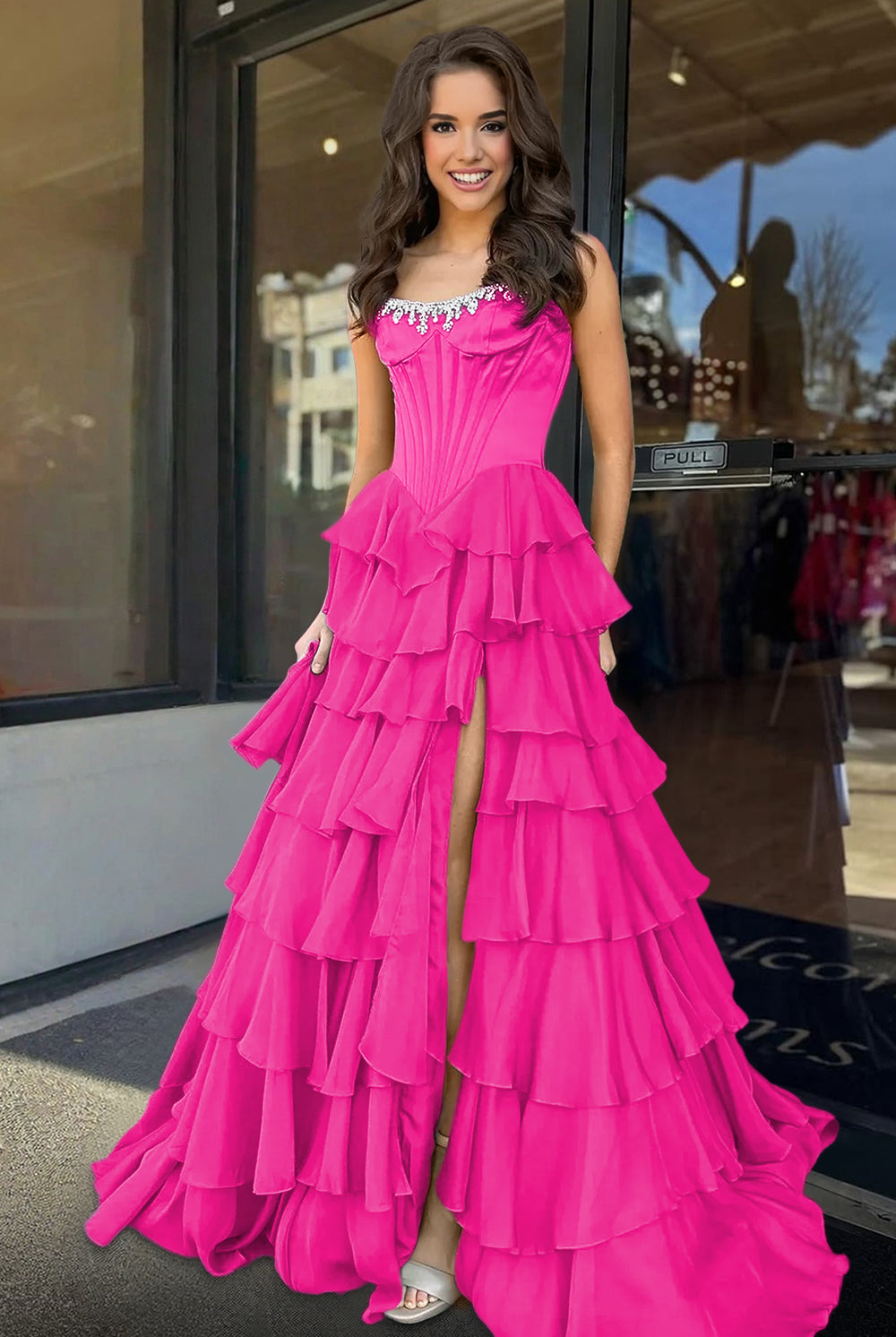 Roise | Fuchsia - Scoop Neck A Line Chiffon Ruffled Prom Dresses With Beading - KissProm