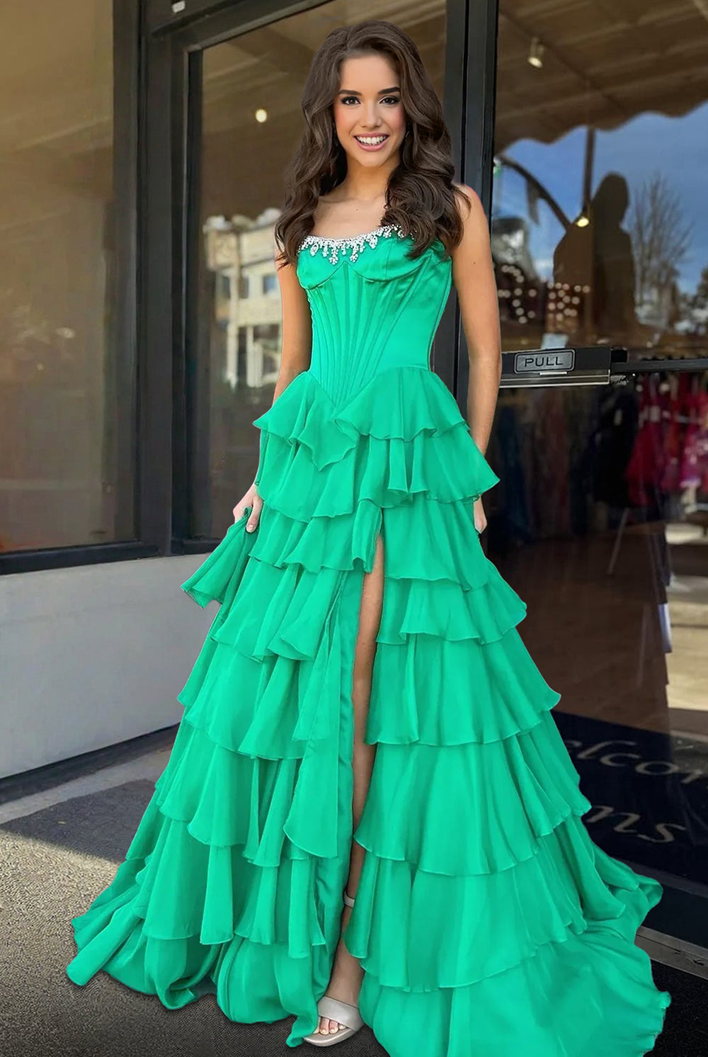 Roise | Green - Scoop Neck A Line Chiffon Ruffled Prom Dresses With Beading -KissProm