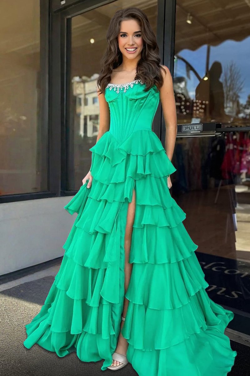 Roise | Green - Scoop Neck A Line Chiffon Ruffled Prom Dresses With Beading - KissProm