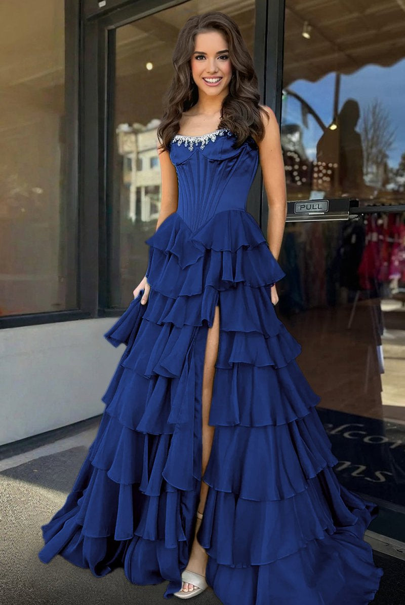 Roise | Navy Blue - Scoop Neck A Line Chiffon Ruffled Prom Dresses With Beading -KissProm