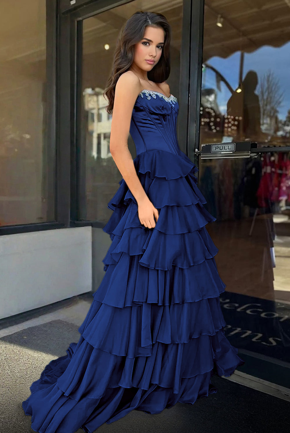 Roise | Navy Blue - Scoop Neck A Line Chiffon Ruffled Prom Dresses With Beading - KissProm