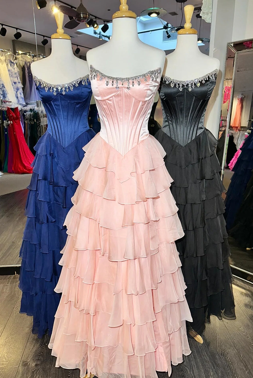 Roise | Pink - Scoop Neck A Line Chiffon Ruffled Prom Dresses With Beading -KissProm