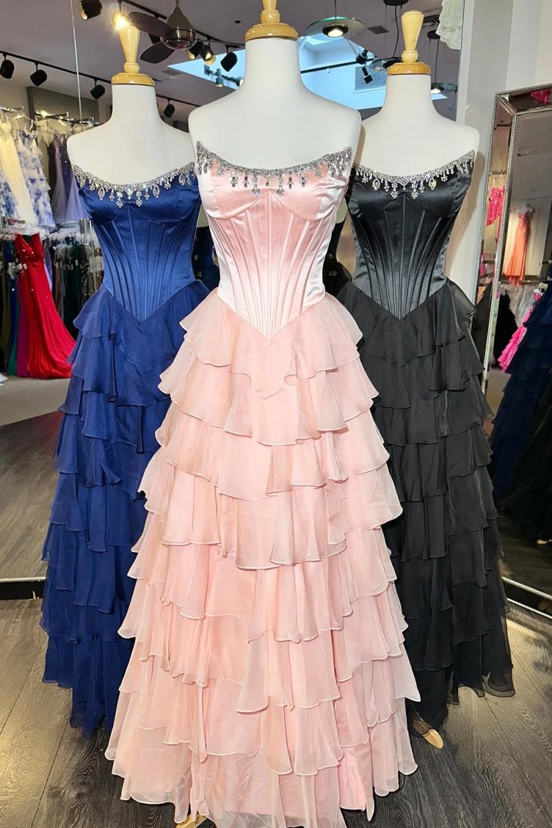 Roise | Pink - Scoop Neck A Line Chiffon Ruffled Prom Dresses With Beading -KissProm