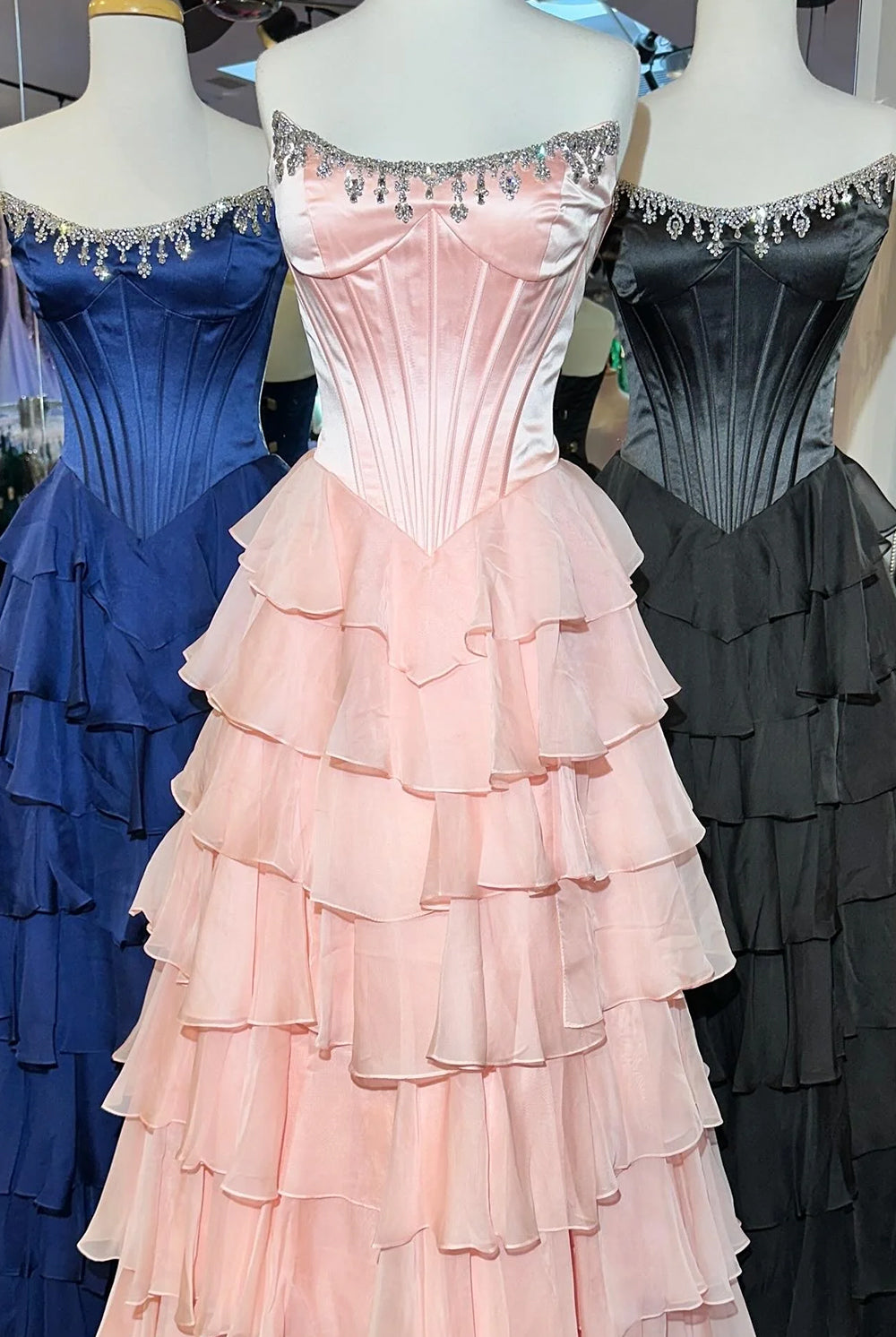 Roise | Pink - Scoop Neck A Line Chiffon Ruffled Prom Dresses With Beading -KissProm