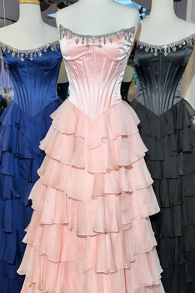 Roise | Pink - Scoop Neck A Line Chiffon Ruffled Prom Dresses With Beading -KissProm