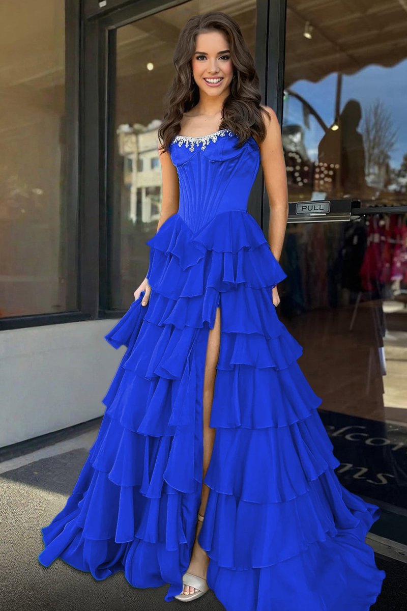 Roise | Royal Blue - Scoop Neck A Line Chiffon Ruffled Prom Dresses With Beading -KissProm
