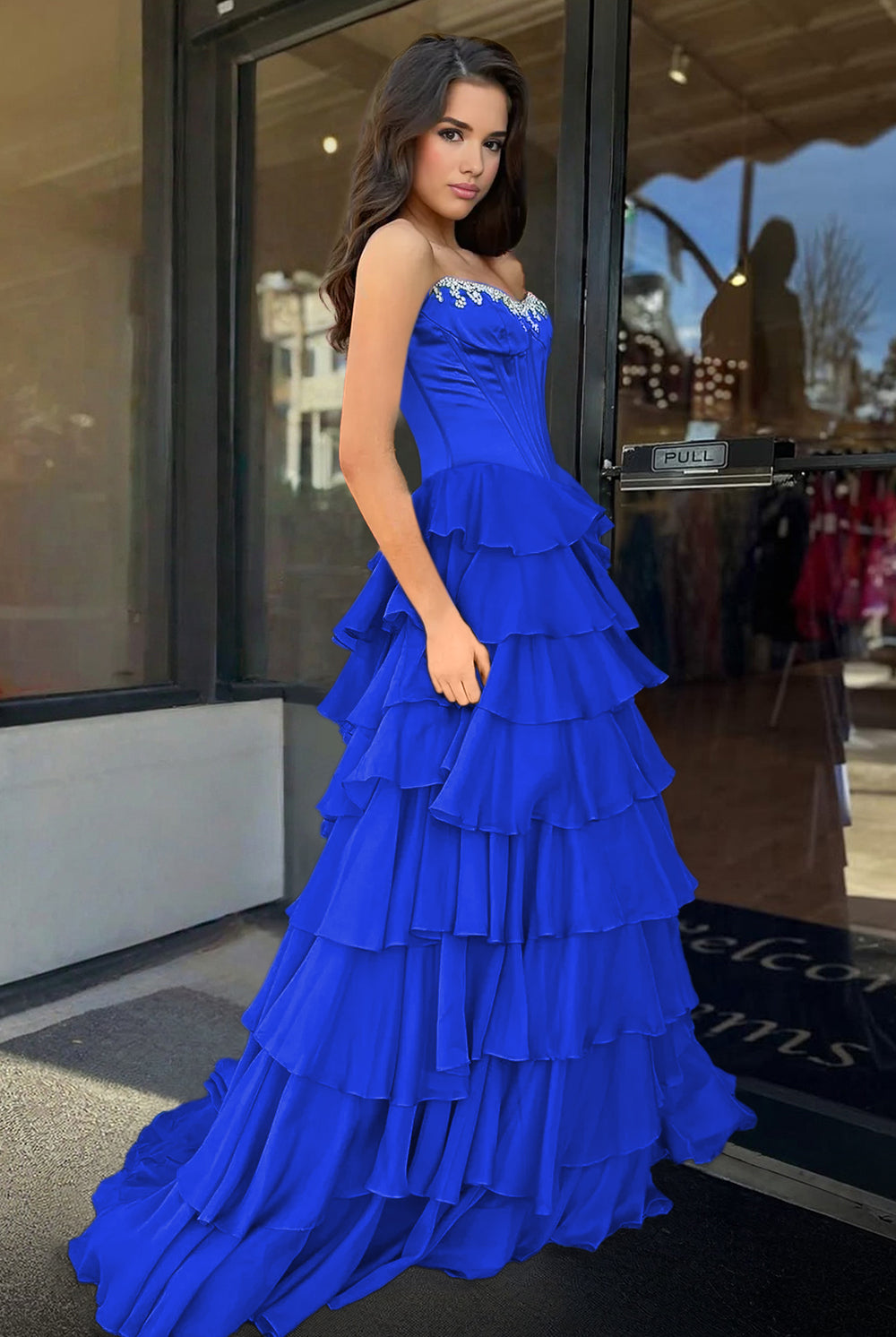 Roise | Royal Blue - Scoop Neck A Line Chiffon Ruffled Prom Dresses With Beading - KissProm