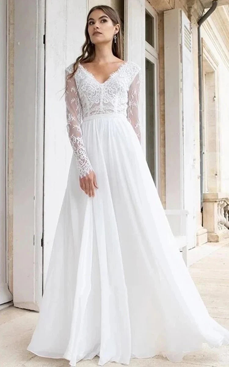Lace Top A-line Floor-length Chiffon Dress Green