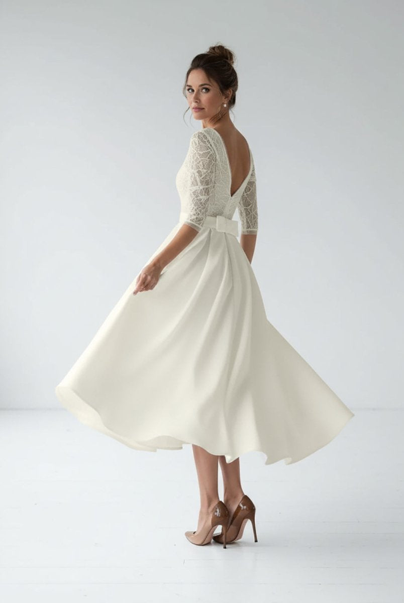 Margaritte | Satin V - neck A Line Tea - length Wedding Dress with Ruching and Sash - KissProm