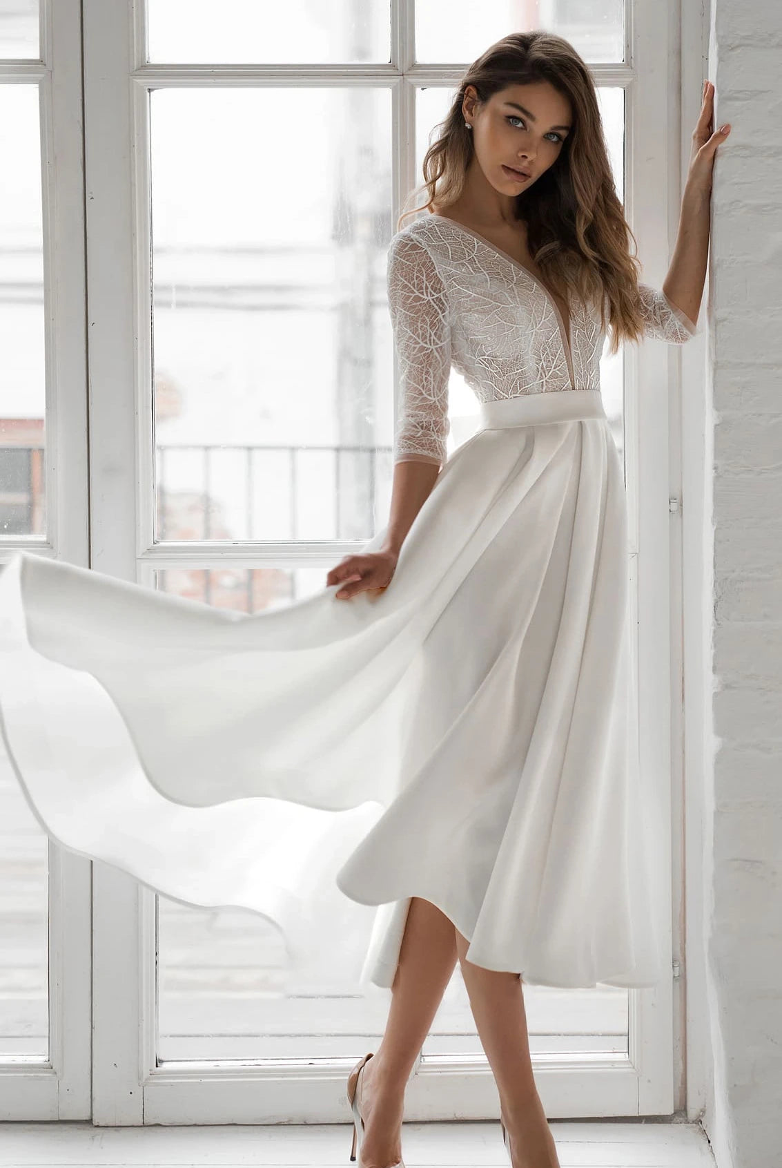 Margaritte | Satin V-neck A Line Tea-length Wedding Dress with Ruching and Sash