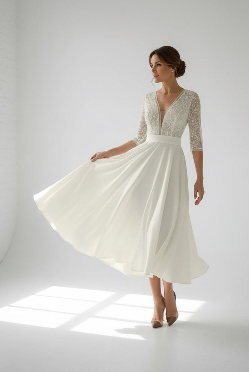 Margaritte | Satin V - neck A Line Tea - length Wedding Dress with Ruching and Sash - KissProm
