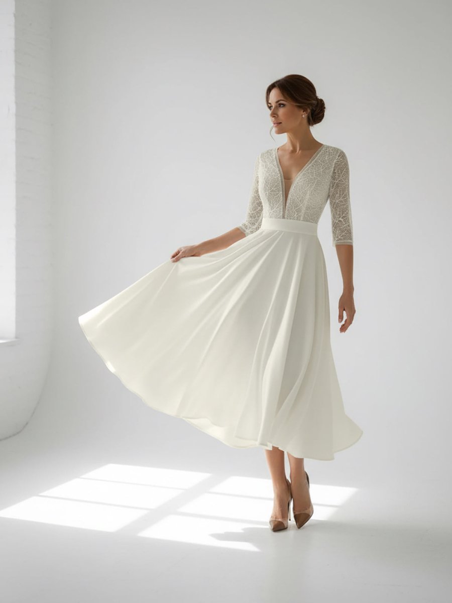 Margaritte | Satin V - neck A Line Tea - length Wedding Dress with Ruching and Sash - KissProm