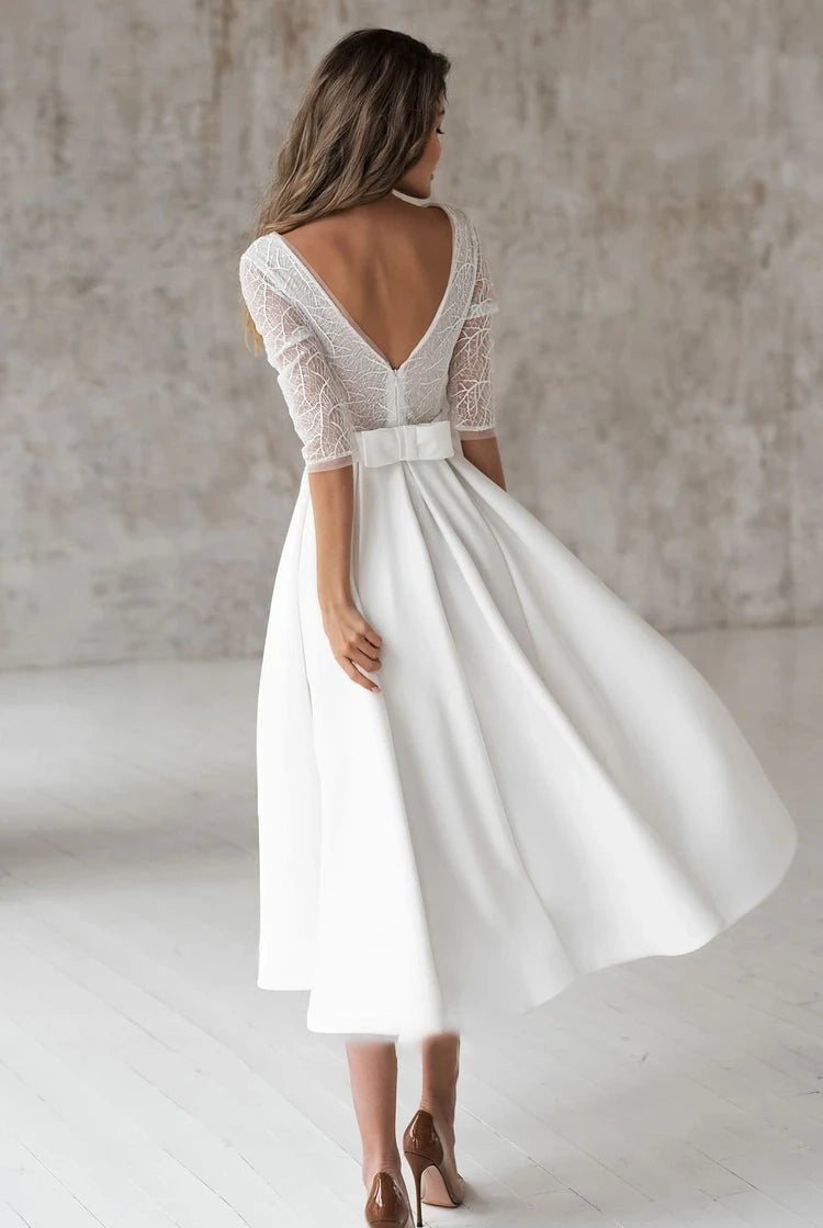 Margaritte | Satin V-neck A Line Tea-length Wedding Dress with Ruching and Sash