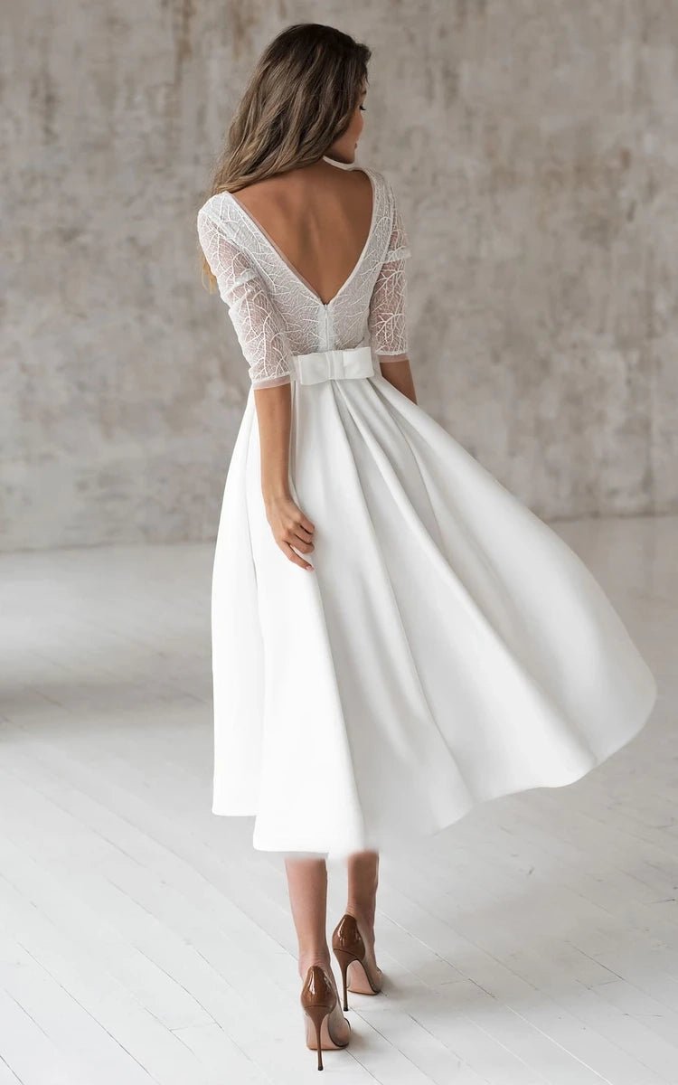 Margaritte | Satin V-neck A Line Tea-length Wedding Dress with Ruching and Sash