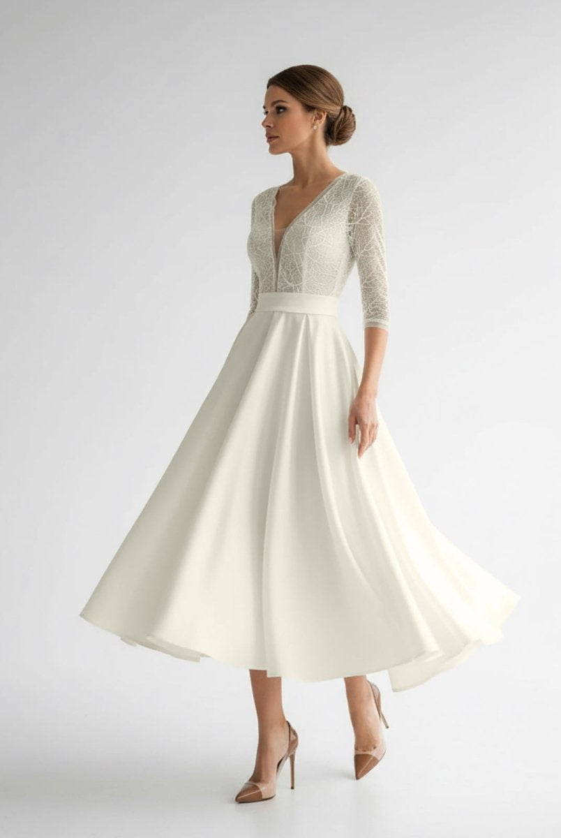 Margaritte | Satin V - neck A Line Tea - length Wedding Dress with Ruching and Sash - KissProm
