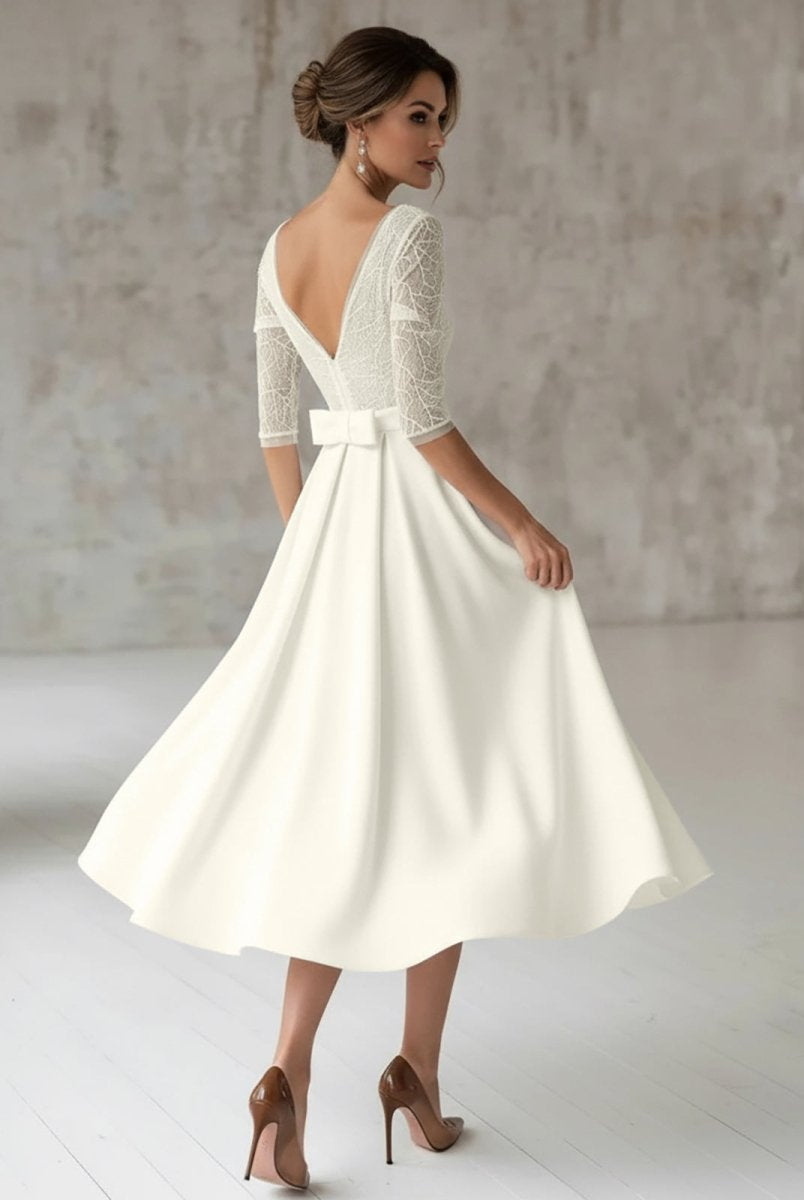 Margaritte | Satin V - neck A Line Tea - length Wedding Dress with Ruching and Sash - KissProm