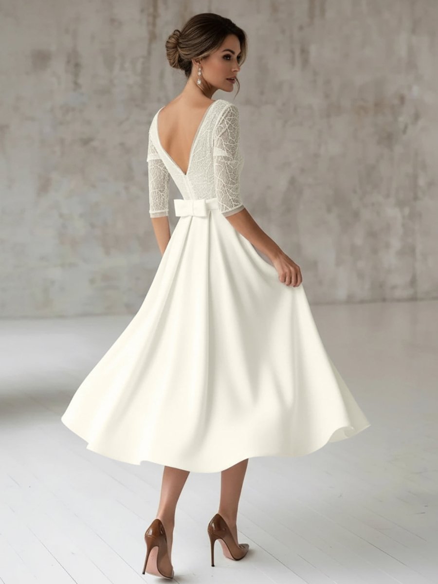 Margaritte | Satin V - neck A Line Tea - length Wedding Dress with Ruching and Sash - KissProm