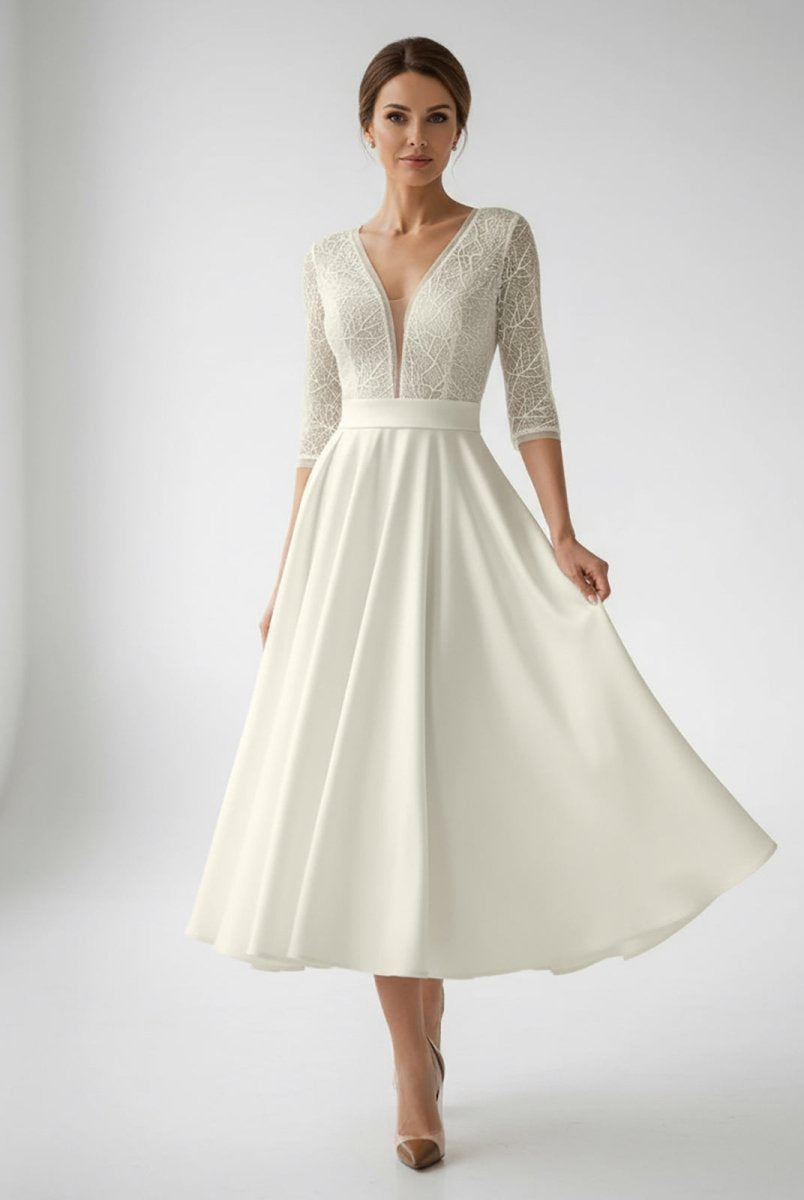 Margaritte | Satin V - neck A Line Tea - length Wedding Dress with Ruching and Sash - KissProm