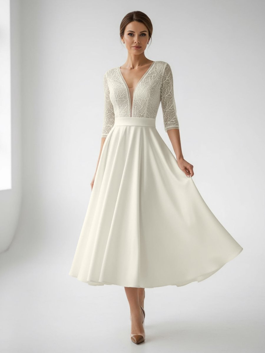 Margaritte | Satin V - neck A Line Tea - length Wedding Dress with Ruching and Sash - KissProm