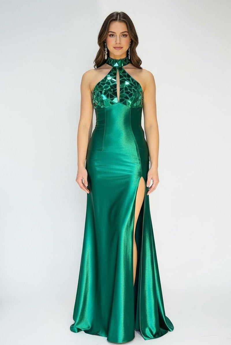 KissProm-Romi Mermaid Halter Dark Green Satin Long Prom Dresses with Beads