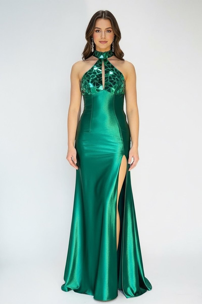 KissProm-Romi Mermaid Halter Dark Green Satin Long Prom Dresses with Beads