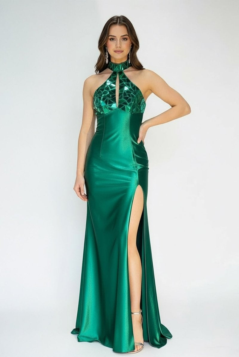 KissProm-Romi Mermaid Halter Dark Green Satin Long Prom Dresses with Beads
