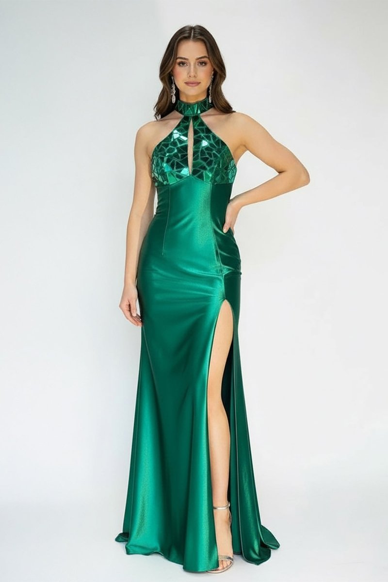 KissProm-Romi Mermaid Halter Dark Green Satin Long Prom Dresses with Beads