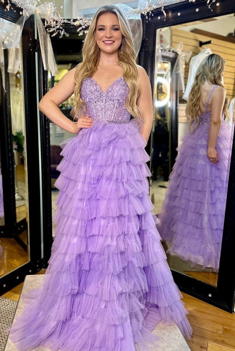 Rosaline | Lavender Appliques V - Neck Ruffle Tiered Long Prom Dress - KissProm